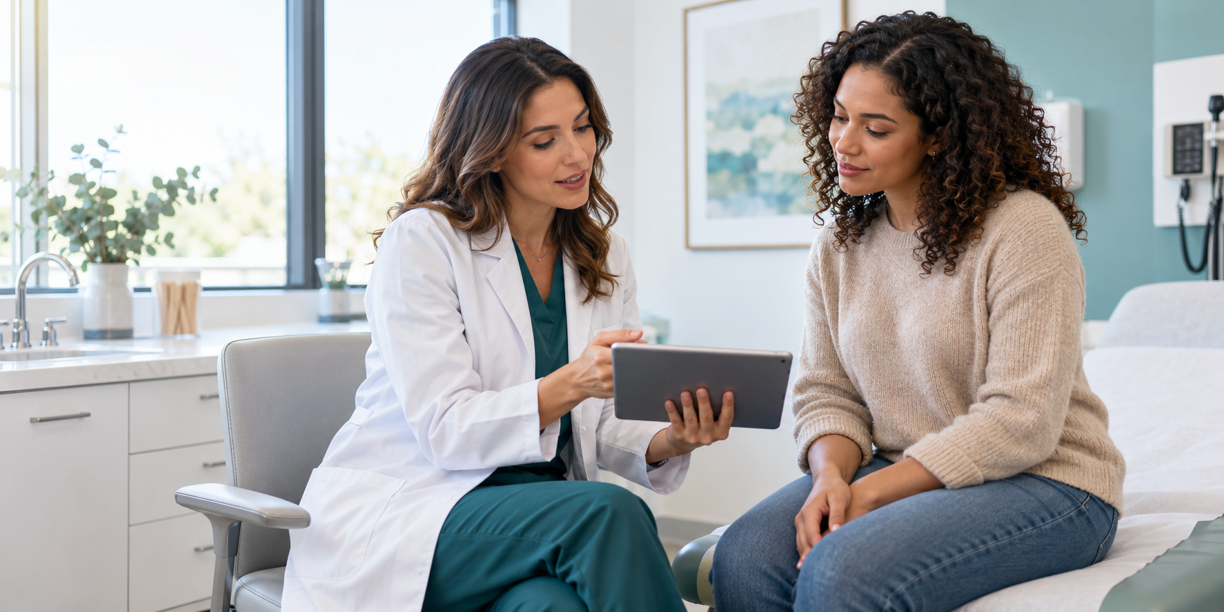 A female healthcare professional assessing an adult client in a modern consultation room